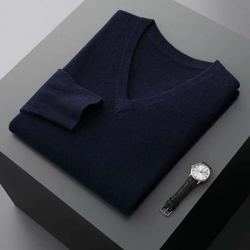 Autumn And Winter New Men's V-Neck Cashmere Loose Thickened Solid Color Wool Knitted Bottoming Shirt Business Casual Sweater-250512