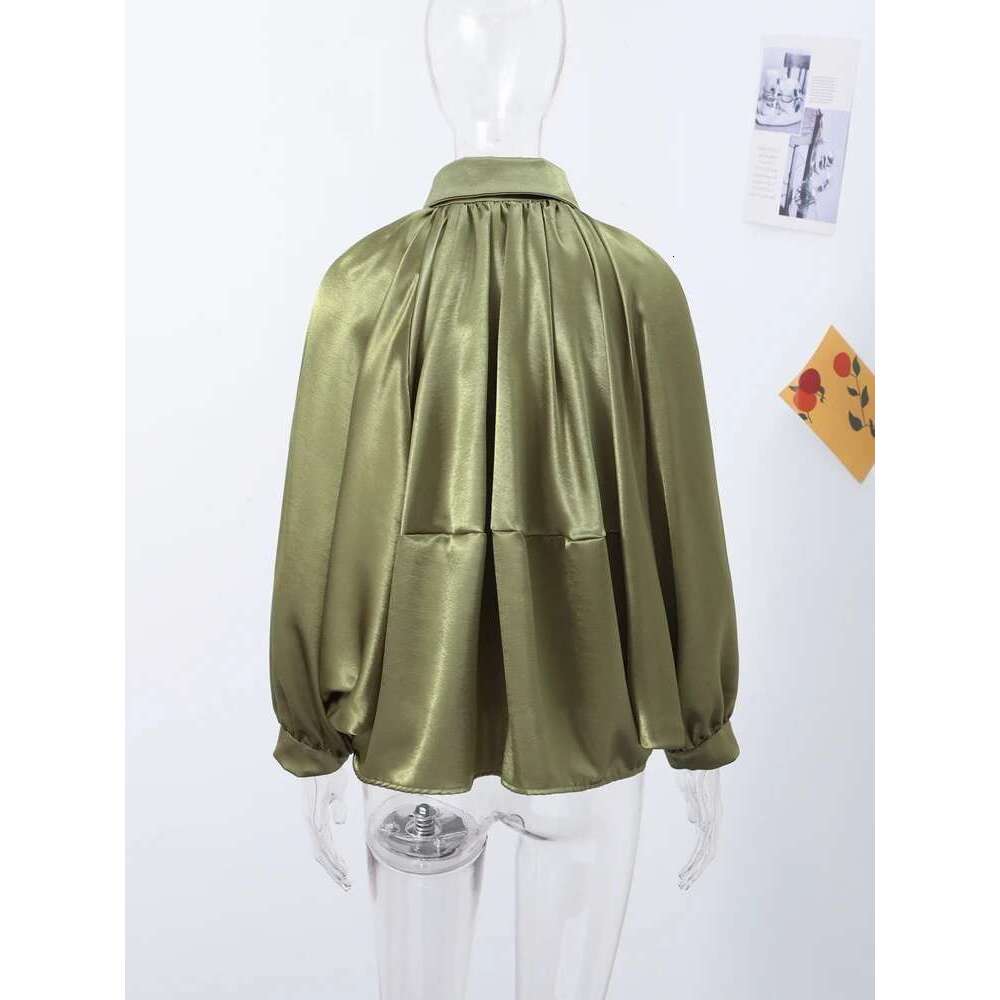 Elegant Green Suede Jacket Women Long Puff Sleeve Lapel Zipper Loose Jackets 2025 Spring Autumn Street Pleated Short Outwear