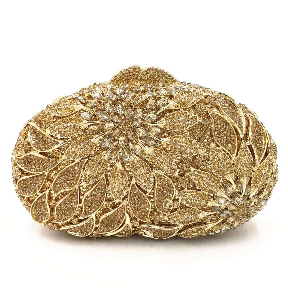 Gold Metal Leaves White Crystals Evening Clutch Bags Women Wedding Party Purse Ball Handbags Rhinestone Mini Heart Bag