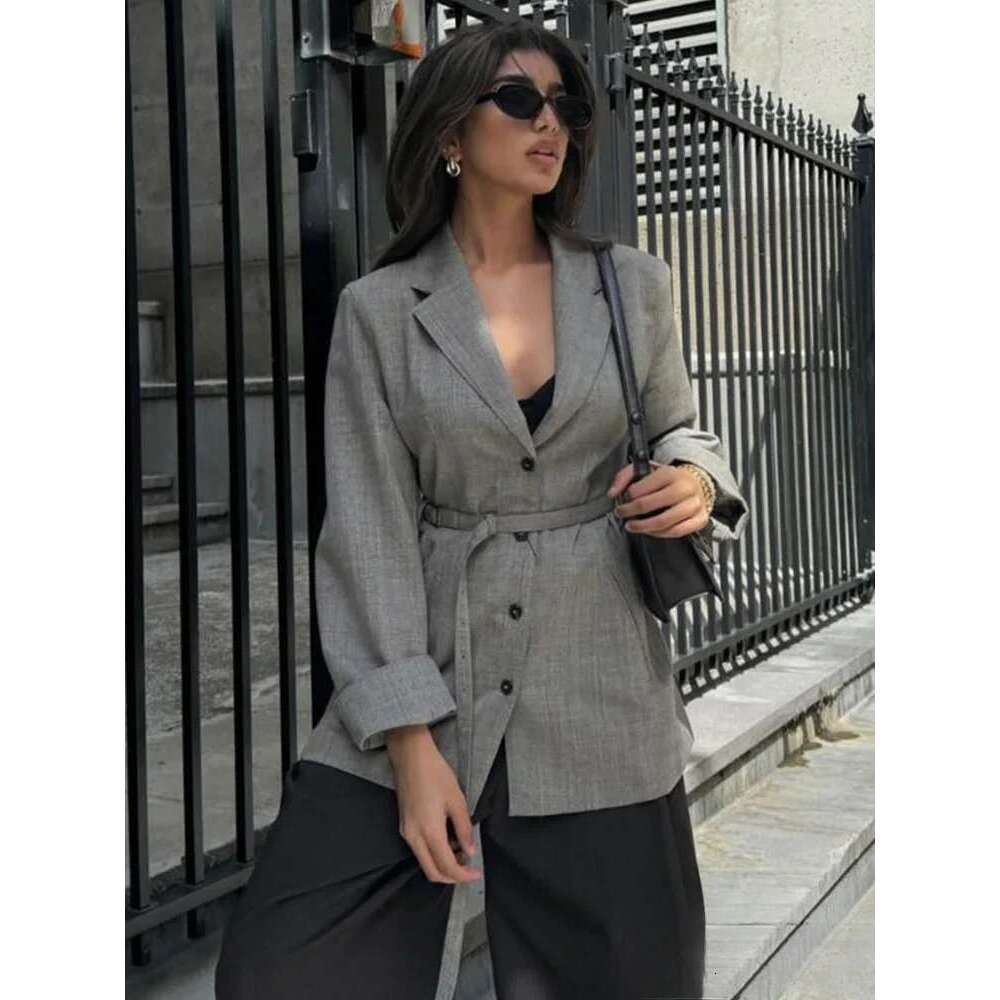 ZBZA Women Slim-fit Blazer with Belt Lapel Long Single Breasted Solid Sleeve Button Leisure Jacket Fall Winter Chic Coat