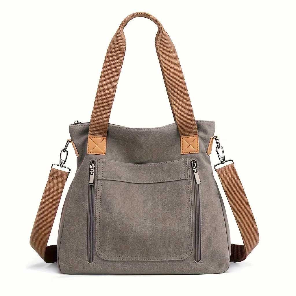 Retro Commuter Campus Ladies Canvas Bulk Capacity Color Casual Practicality Detachable Shoulder Strap Tote Bag Shoulder Bag ZW250512