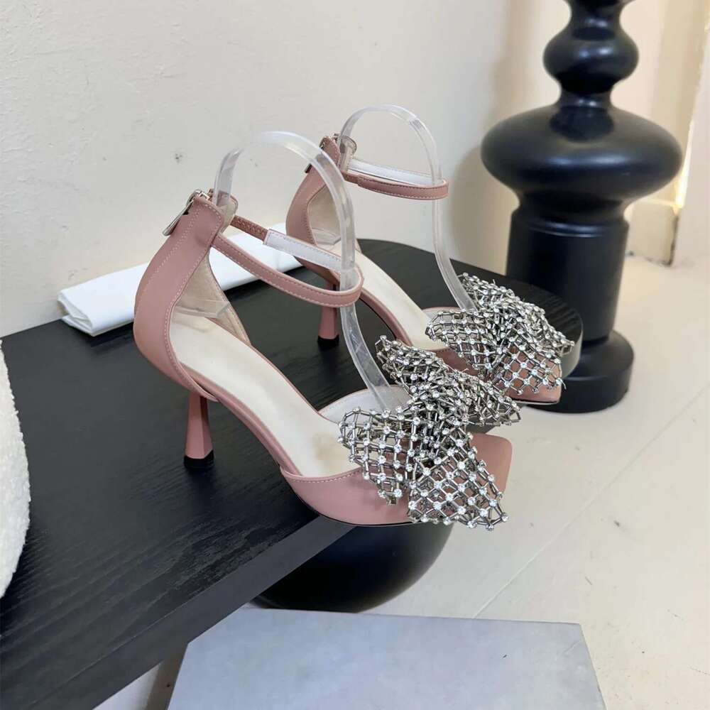 Women Size34-41 Genuine Leather Sandals Super High Heels Butterfly Knot Crystal Pumps Designer Shoes Zapatillas De Mujer