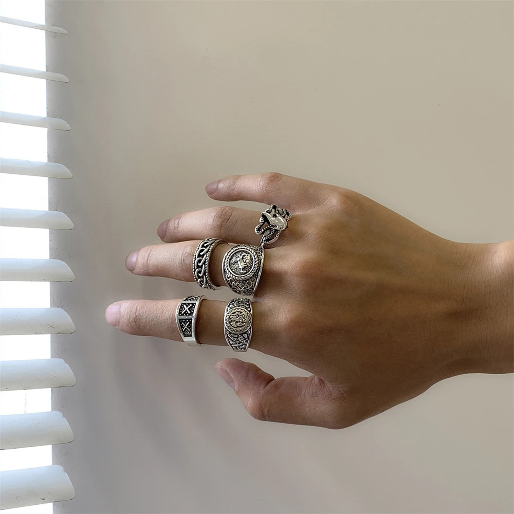 Retro Totem Mens Ring Set Hip Hop Geometric Jewelry Antique Silver Adjustable Stackable Rings for Men Fashion Accessories Gifts 250509