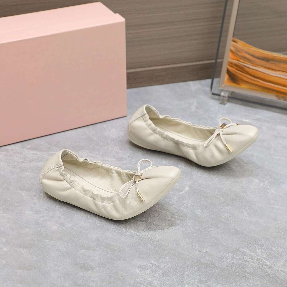 Women Genuine Leather Ballet Flats Denim Butterfly Knot Elastic Band Pleated Round Toe Designer Shoes Zapatillas De Mujer