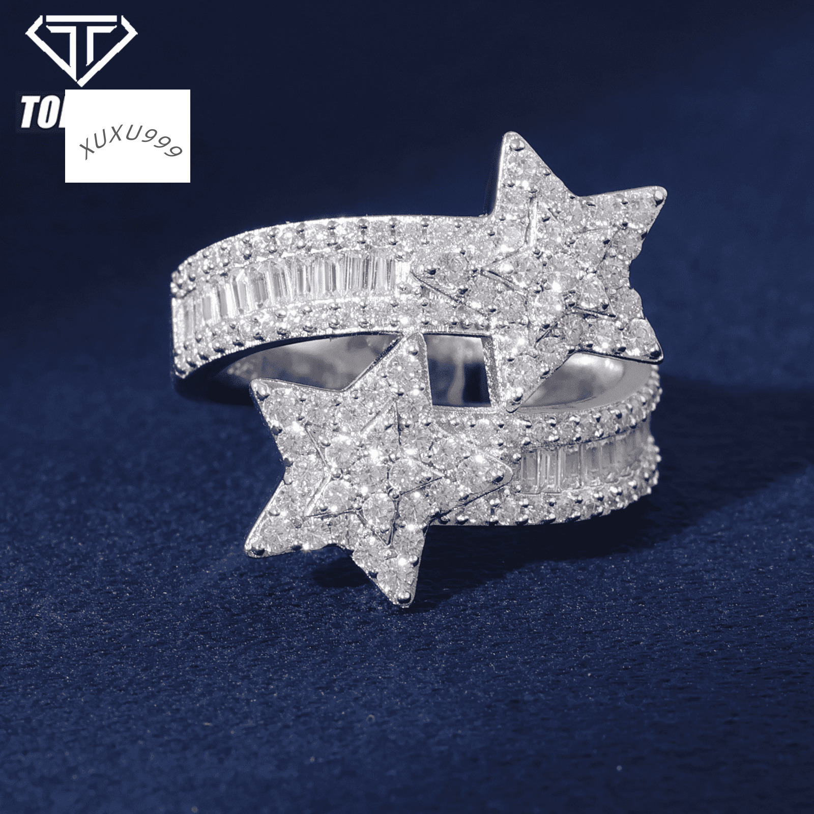 New Design 925 Sterling Silver VVS D Moissanite Baguette Double Layer Star Ring Luxury Adjustable Accessories Jewelry