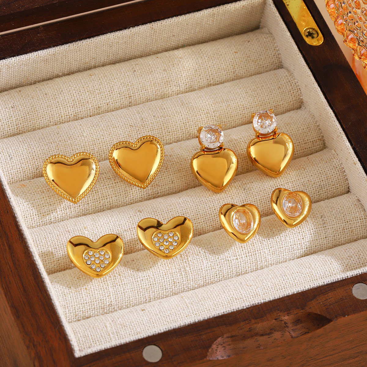 Popular style stainless steel heart French gold-plated fashionable zircon inlaid earrings