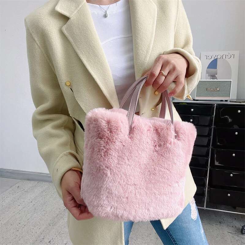 Winter Faux Fur Plush Tote Fashion Large Capacity Bucket Handbag Shoulder For Women Gray Pink White Daily Shopping Bag