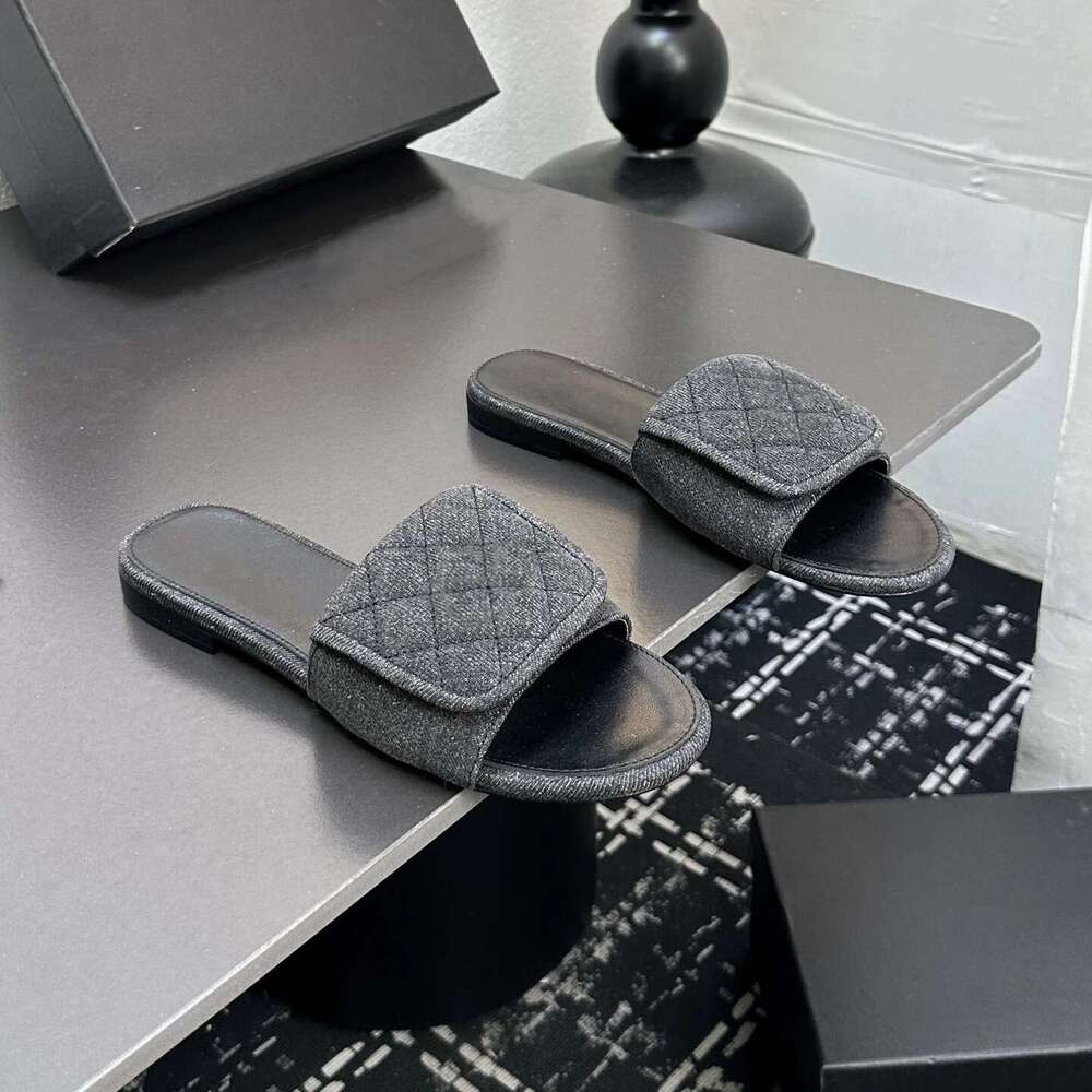 Women Size35-41 Denim Slippers Low Heels Sewing Summer Slides Genuine Leather Leisure Designer Shoes Zapatillas De Mujer