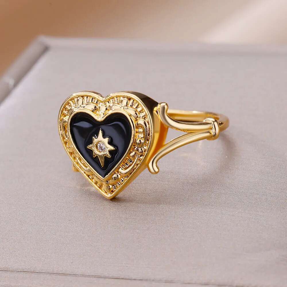 Gold Color Stainless Steel For Women Colorful Cubic Zircon Heart Opening Adjustable Ring Fashion Jewelry Wedding Gift