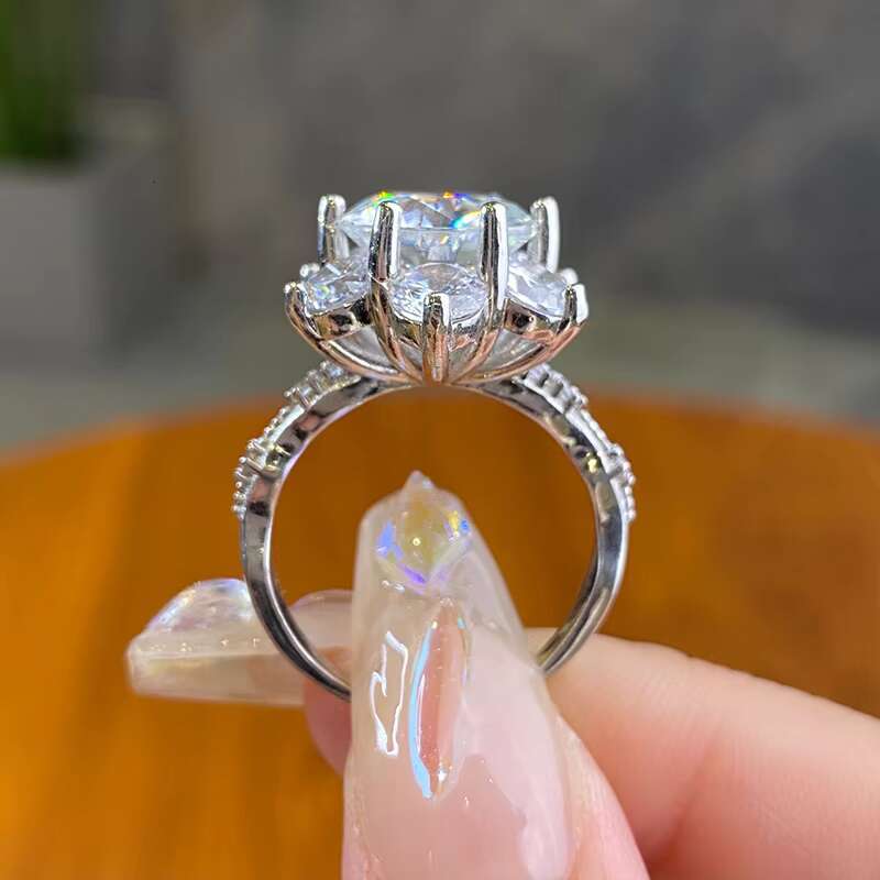925 Sterling Silver Gra Certified 5ct Large Moissanite Diamond VVS D Color Sun Flower Ring Wedding Luxury Fine Jewelry for Women