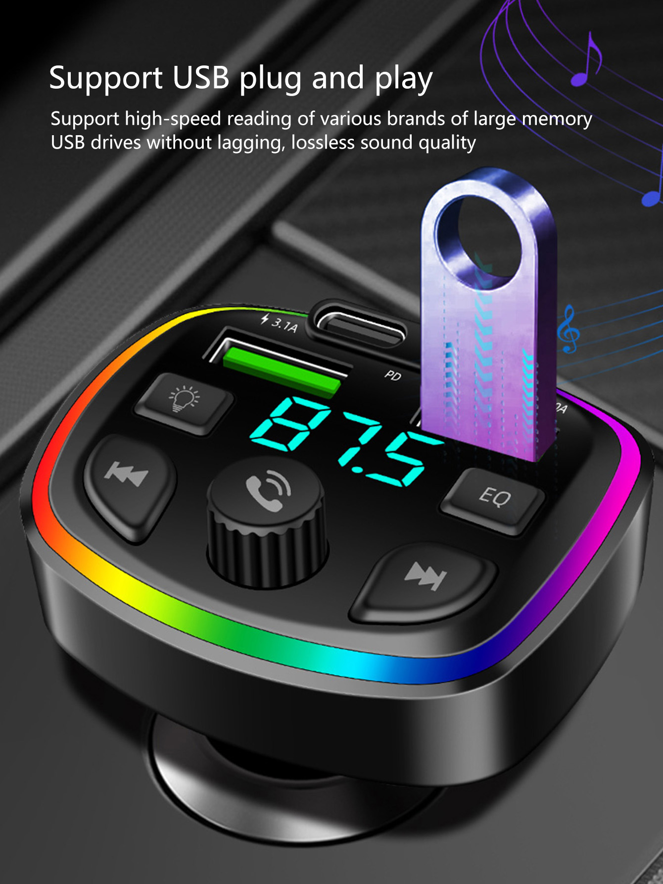 Car Bluetooth MP3 Player, Hands-free Calling with Voice Announcement, PD Fast Charging USB Flash Drive