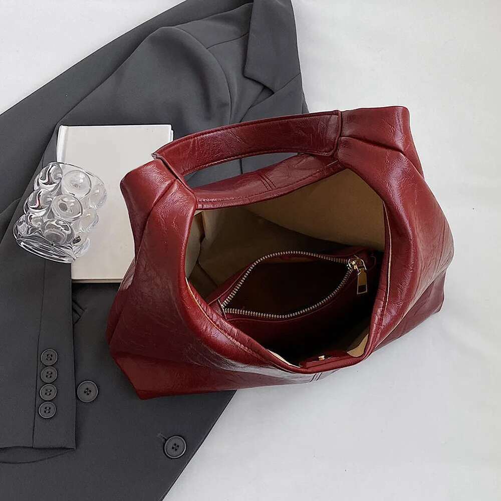 2Pcs/Set Women's Leather Shoulder Fashion Wine Red Underarm Bags Casual Hobo Bag Ladies Capacity Retro Designer Tote Handbag