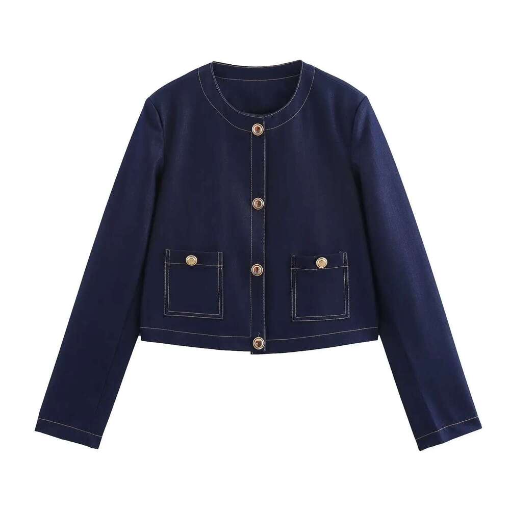 PB&ZA Women's Set Long sleeved Cropped Jacket with Gold Buttons Matching Wide - leg Pants for a Chic and Elegant Look