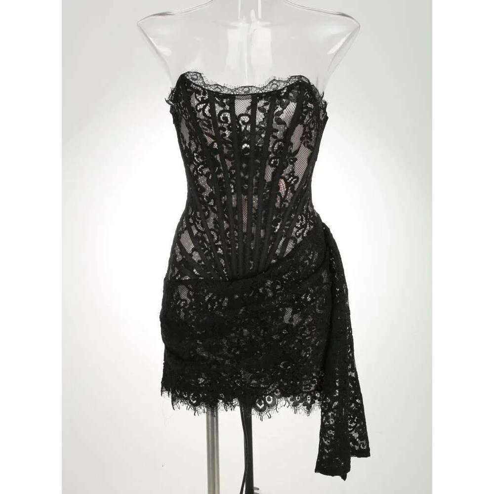 TARUXY Sexy Lace See-through Patchwork Corset Female Bodycon Elegant Party MIrrgualr Mini Women Tube Top Dress New