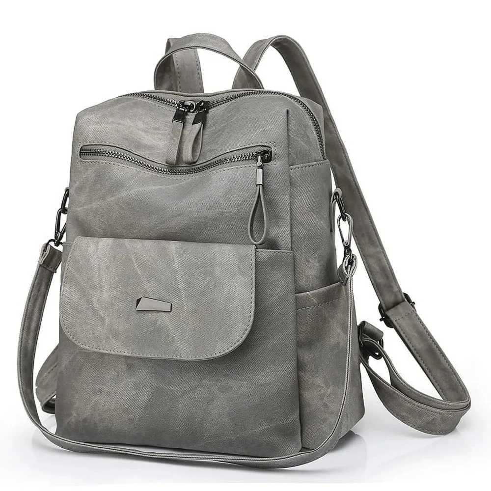 PU Leather Backpack Purse for Women Casual Handbag Ladies Shoulder Bags Grey Z250512
