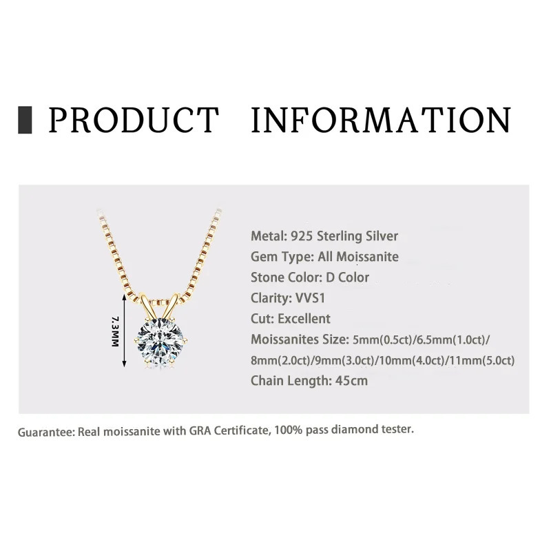 RAPRGOLD GRA Certified 0.5-5ct Pendant Necklaces 925 Sterling Silver Solitaire Necklace Chain For Women Jewellry Gift 250512