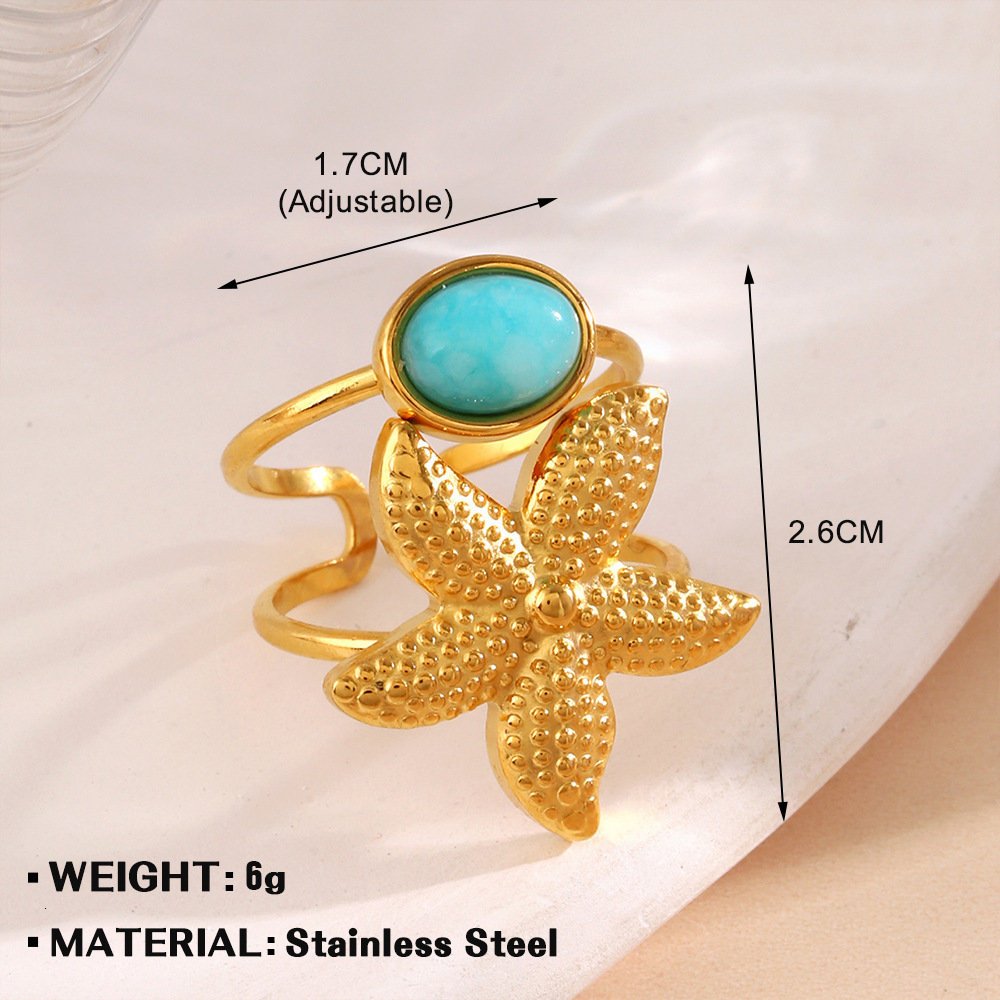 Fashionable and trendy summer beach vacation style starfish shell women's ocean element pearl open ring