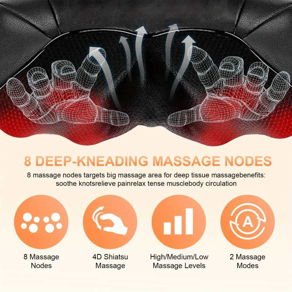 Shiatsu Neck And Back Massager With Heat Deep-Kneading Tissue Pain Relief 3D Kneading Massage Pillow For Office Car Use RelW250512
