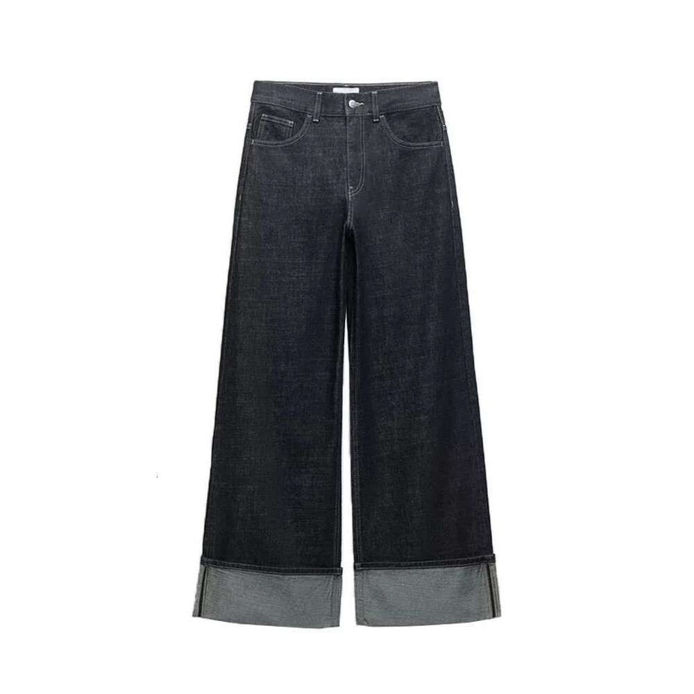 TRAF Women's New Slim High-Waisted Trailing Trousers Rolled Leg Loose Fashion Casual Wide-Leg Jeans