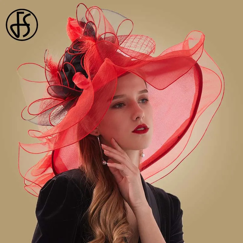 FS Summer Womens Ladies Sun Hat Beach Red Hats Organza ner Cap For Women Wide Brim Church Tea Party Derby 250512