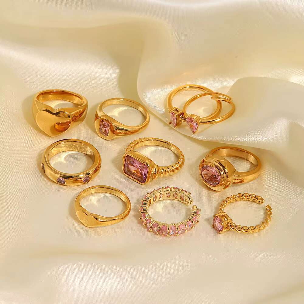 Fashion Multiple Styles Wedding Pvd Gold Plated Stainless Steel Inlaid pink Stone Rings for Women