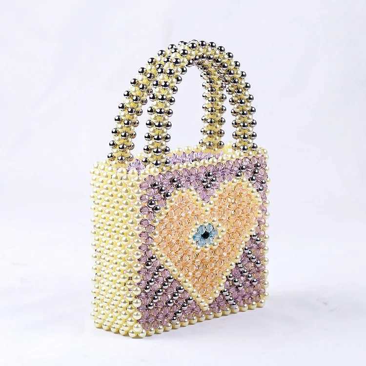 Light Blue Peach Handmade Fashion Heart Pearl Bag Beaded Bags For Women Floral Mini Handbags Women Bags Designer BagW250512