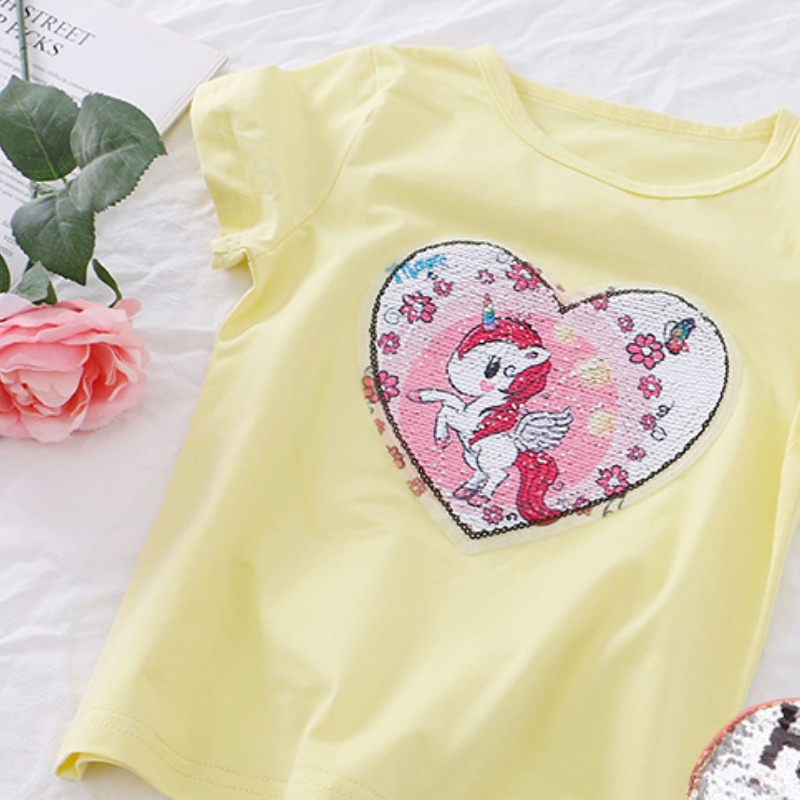 DISNEY Frozen Princess Elsa toddler designer clothes Children's summer clothes girl short-sleeved T-shirt girl color-changing sequin top.