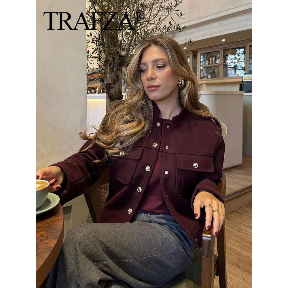 TRAFZA Women Vintage Wine Red Coat O Neck Long Sleeve Single Breasted Jacket With Pockets Autumn Casual Office Lady Outerwear