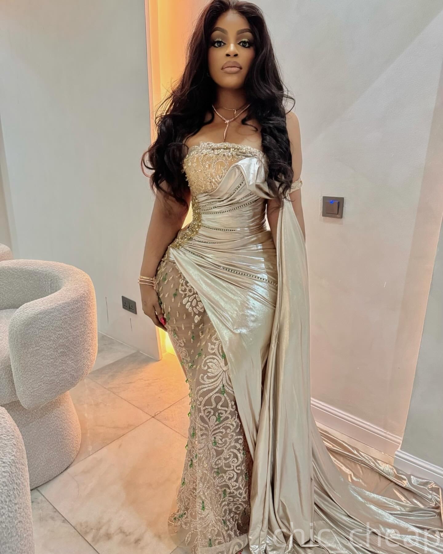 Champagne Mermaid Plus Size Prom Dresses 2025 Lace Crystals Satin Strapless Evening Formal Party Second Birthday Engagement Gowns Dress For Special Oc