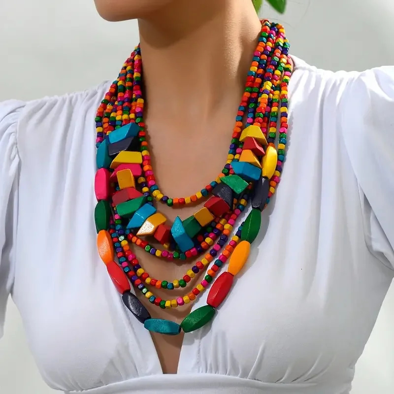 1pc Vintage Bohemian Style Colorful Wood Layered Necklaces Exaggerate Lively Fashion Elegant Casual Party Jewelry For Wome 250512