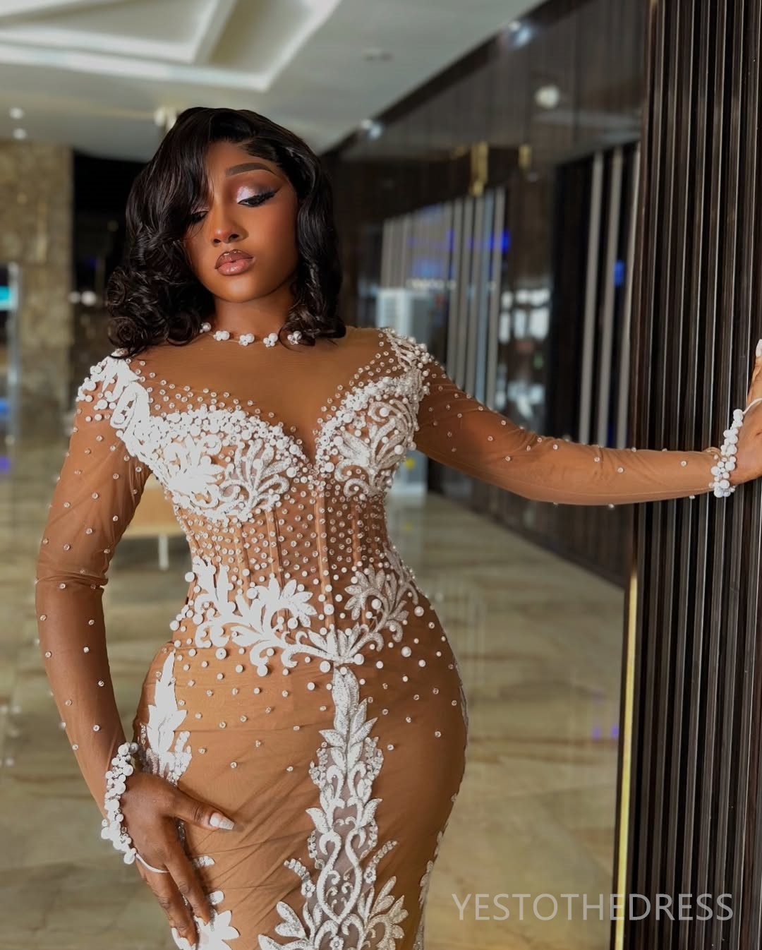 2025 Plus Size Brown Aso Ebi Prom Dress Mermaid Prom Dresses Evening Formal Gowns Sheer Neck Long Sleeves Pearls Lace Birthday Dress Second Reception 