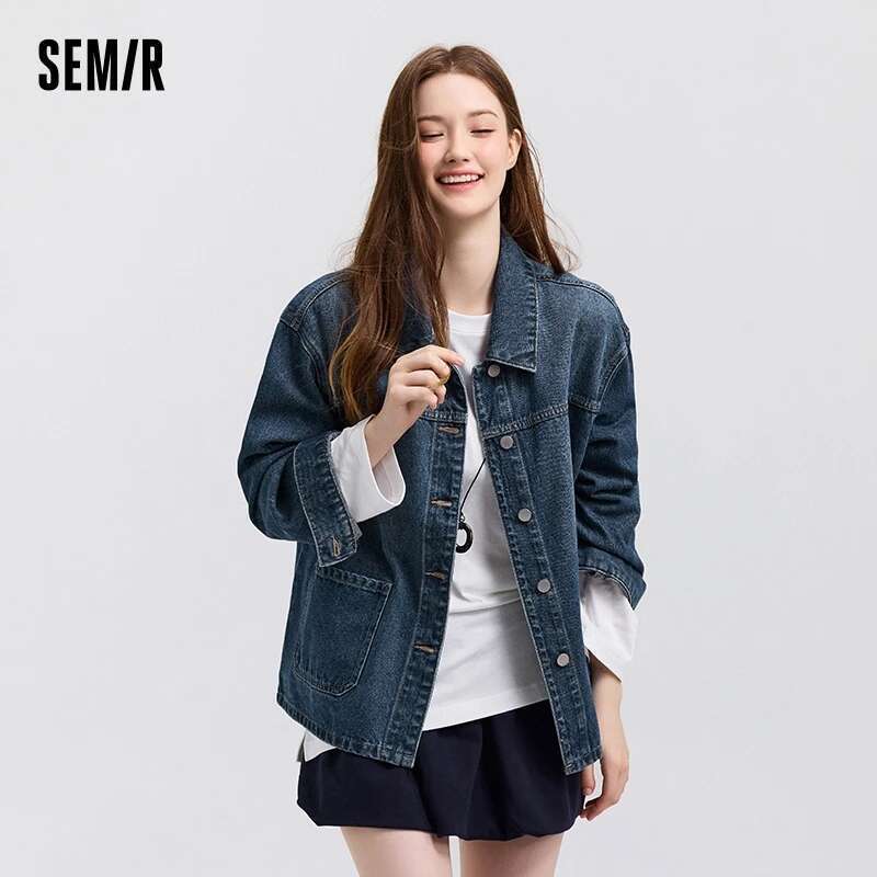 Semir Denim Women Lapel Drop-shoulder Top Casual and Elegant 2025 Spring New Loose Jacket Instagram Trendy
