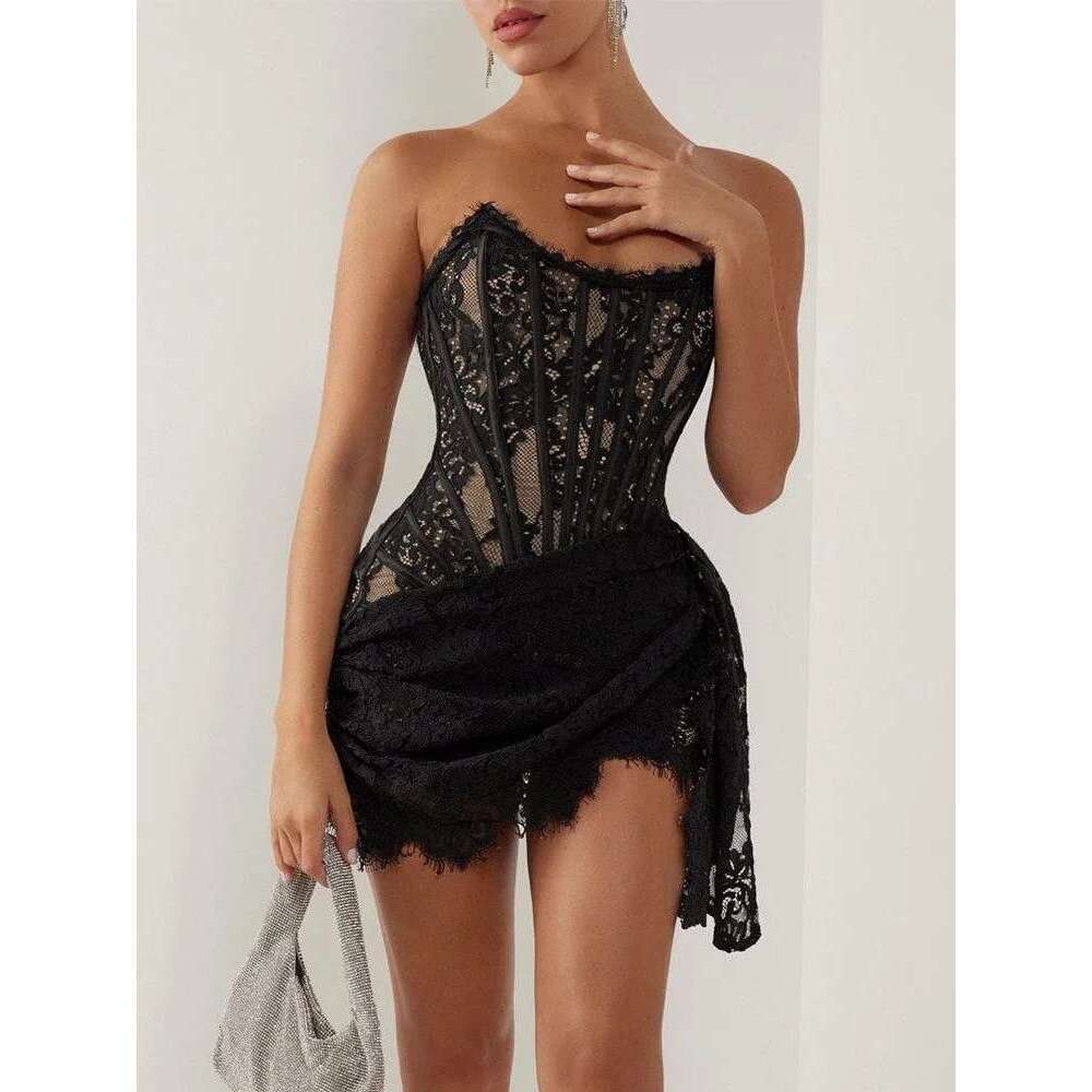 TARUXY Sexy Lace See-through Patchwork Corset Female Bodycon Elegant Party MIrrgualr Mini Women Tube Top Dress New