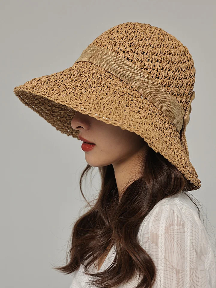 Handmade Straw Hat for Women Summer Fashion Bowknot Foldable Sunscreen Panama Lady Sweet Wide Brim UV Beach Cap Girl 250512