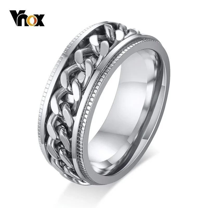 Vnox 8mm Spinner Chain Unique Mens Womens Ring Textured Edge Stainless Steel Rotatable Links Casual Male Alliance Punk Anel 250509