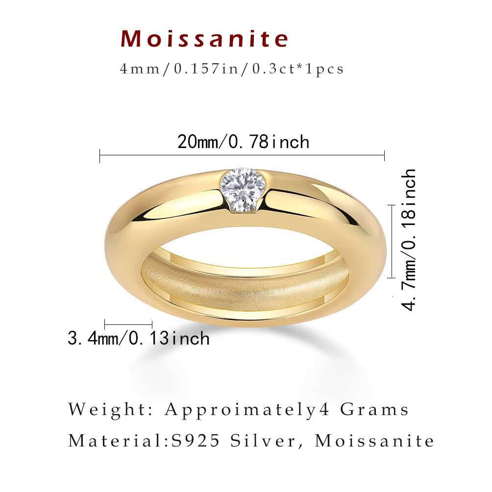 18K Gold Plated S925 Silver Minimalistic Luxury 4mm Moissanite Classic Comfort Fit Dome Ring Everyday Elegance for Women