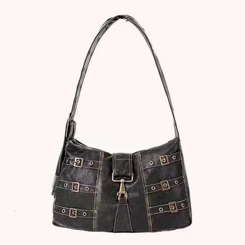 Women Gothic Handbag Locomotive Y2k Shoulder Versatile Leather Hobo Punk Armpit Bag Aesthetic Purse