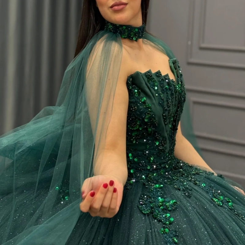 Blackish Green Quinceanera Dresses Off Shoulder Ball Gown Sweet 16 Dress Applique Beading Bow Tiered Tull Birthday Party Vestidos 15 De Anos