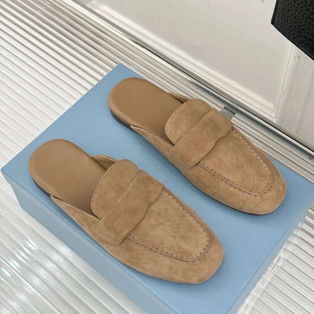 Women Size35-41 Natural Cow Suede Mules Low Heels Square Toe Slides Solid Colors Retro Designer Shoes Zapatillas De Mujer