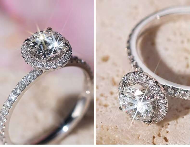 Hot Selling Fine Jewelry Round Cut Halo Moissanite Rings 925 Sterling Silver Rings Luxury Wedding Engagement Ring for Women