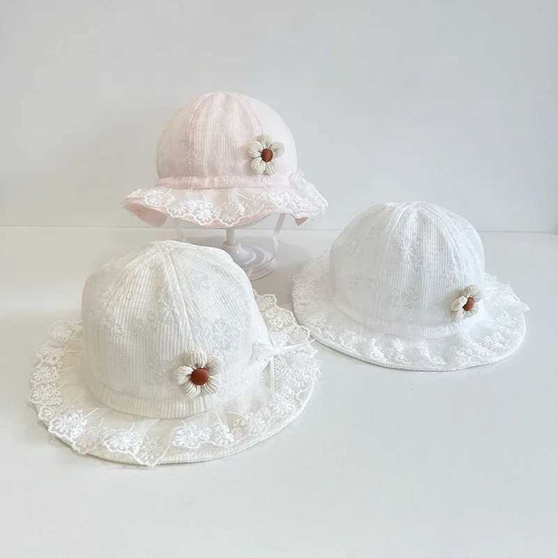 Princess Girl Lace Basin Hat Soft Cotton Baby Sunshade Fisherman Hats 3-8Month Newborn Sunscreen Bucket Cap Sweet Flower Visors R250512