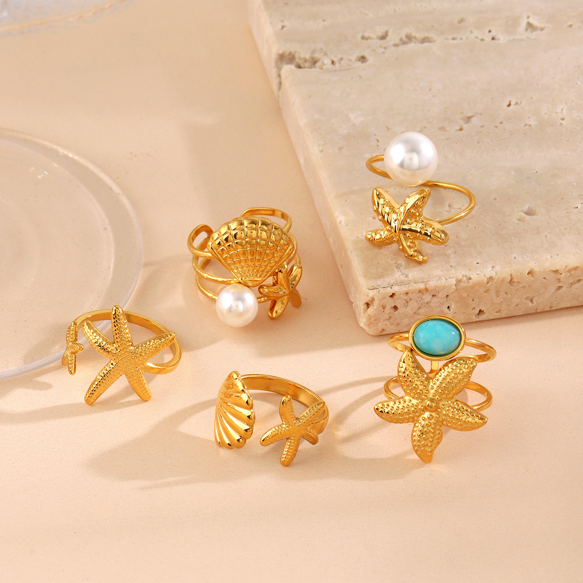 Fashionable and trendy summer beach vacation style starfish shell women's ocean element pearl open ring
