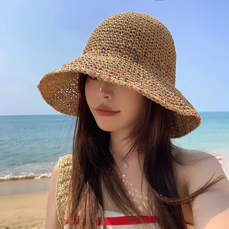 Summer Straw Sun Hats for Women Showing Face Small Bucket Hat Large Brim Sunshade and Sunscreen Seaside Beach Cap 250512
