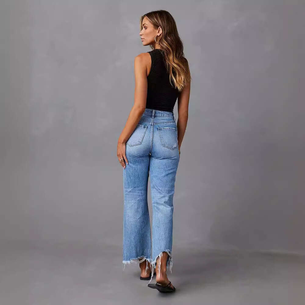 2025 New Wide with Tassel Washed Tie Dyed Ripped Hole High Waisted Jeans Straight Leg Casual Pants for Women New Arrival Fashionable Printing
