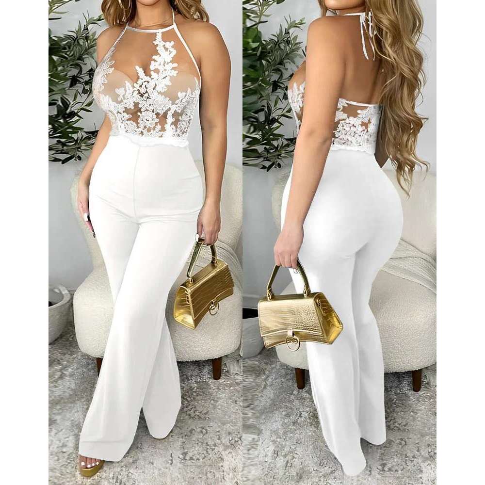 Summer Sexy Lace Spaghetti Strap Sheer Mesh Jumpsuit Women