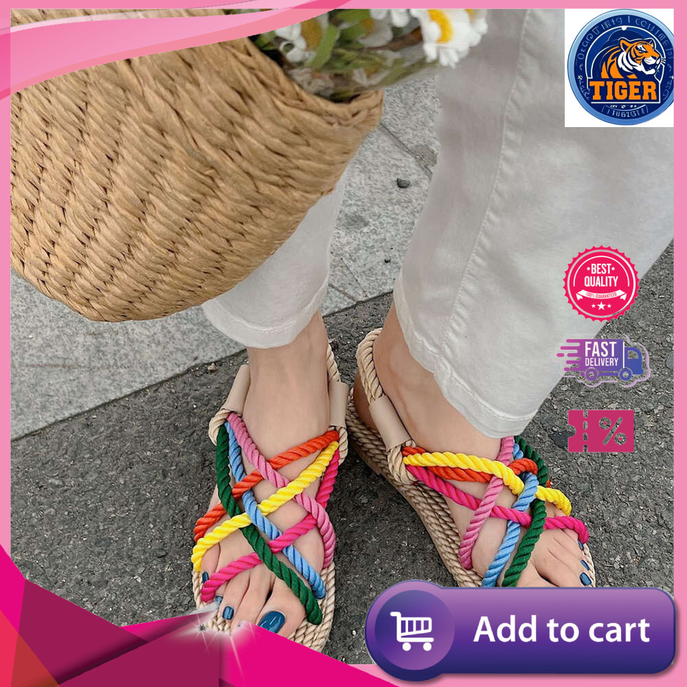 Ddmytiger Summer Large Size New Women S Rainbow Dopamine Small Fresh Knitted Rope Sandals Outdoor Shoes