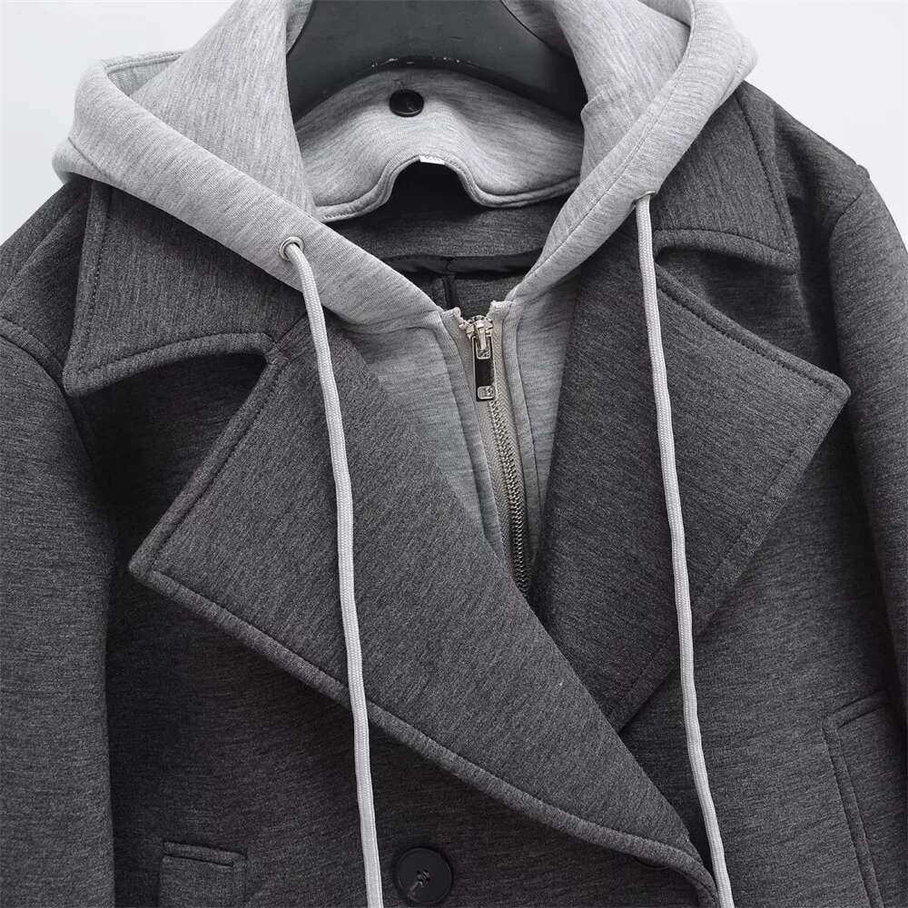 PB&ZA early autumn new women's fake two-piece lapel hooded long-sleeved double-breasted patchwork short jacket