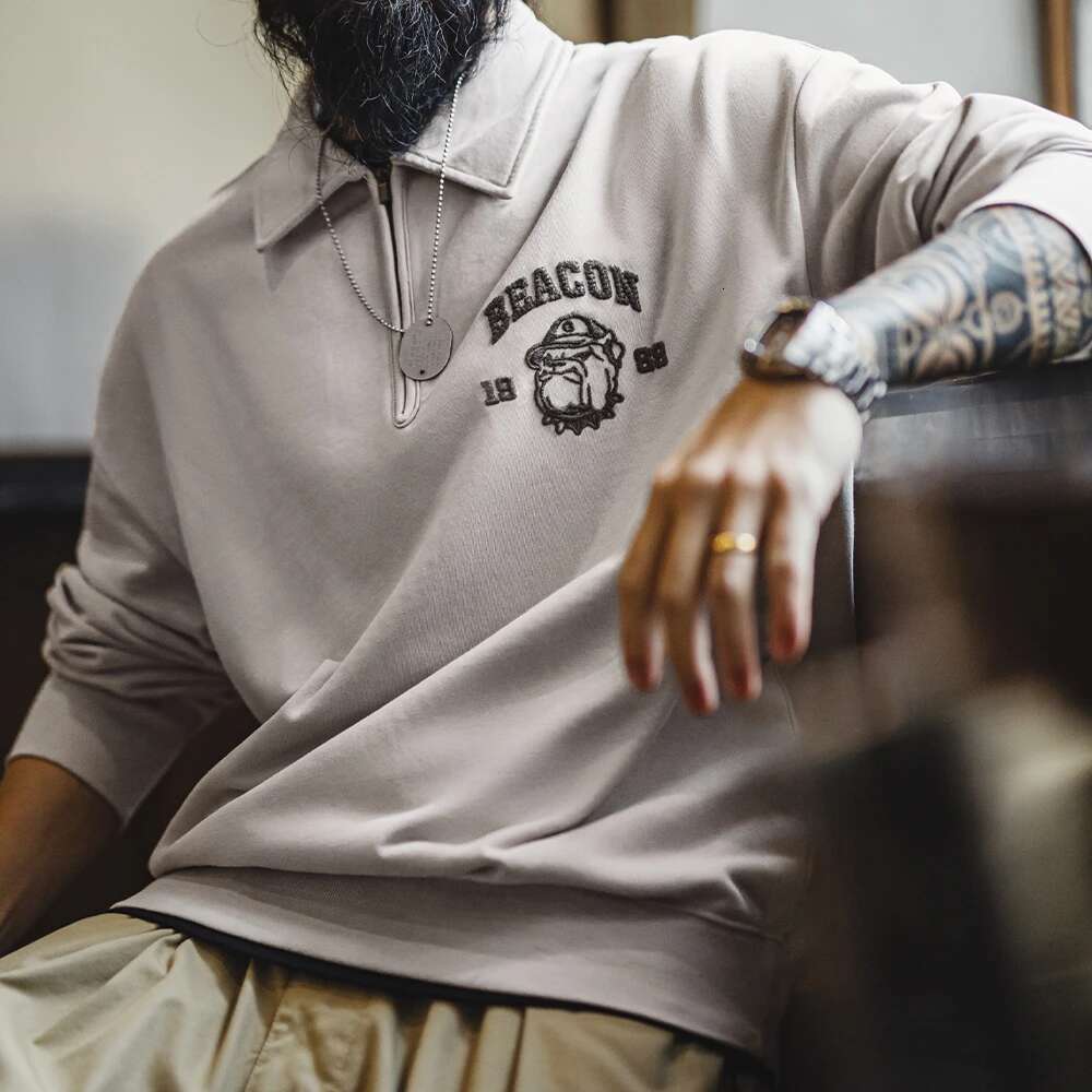 Maden Vintage Men's Long Sleeve Embroidered Sweatshirt With Letters Half-Open Front Casual Hoodie Turned-Up Collar For Spring Designer