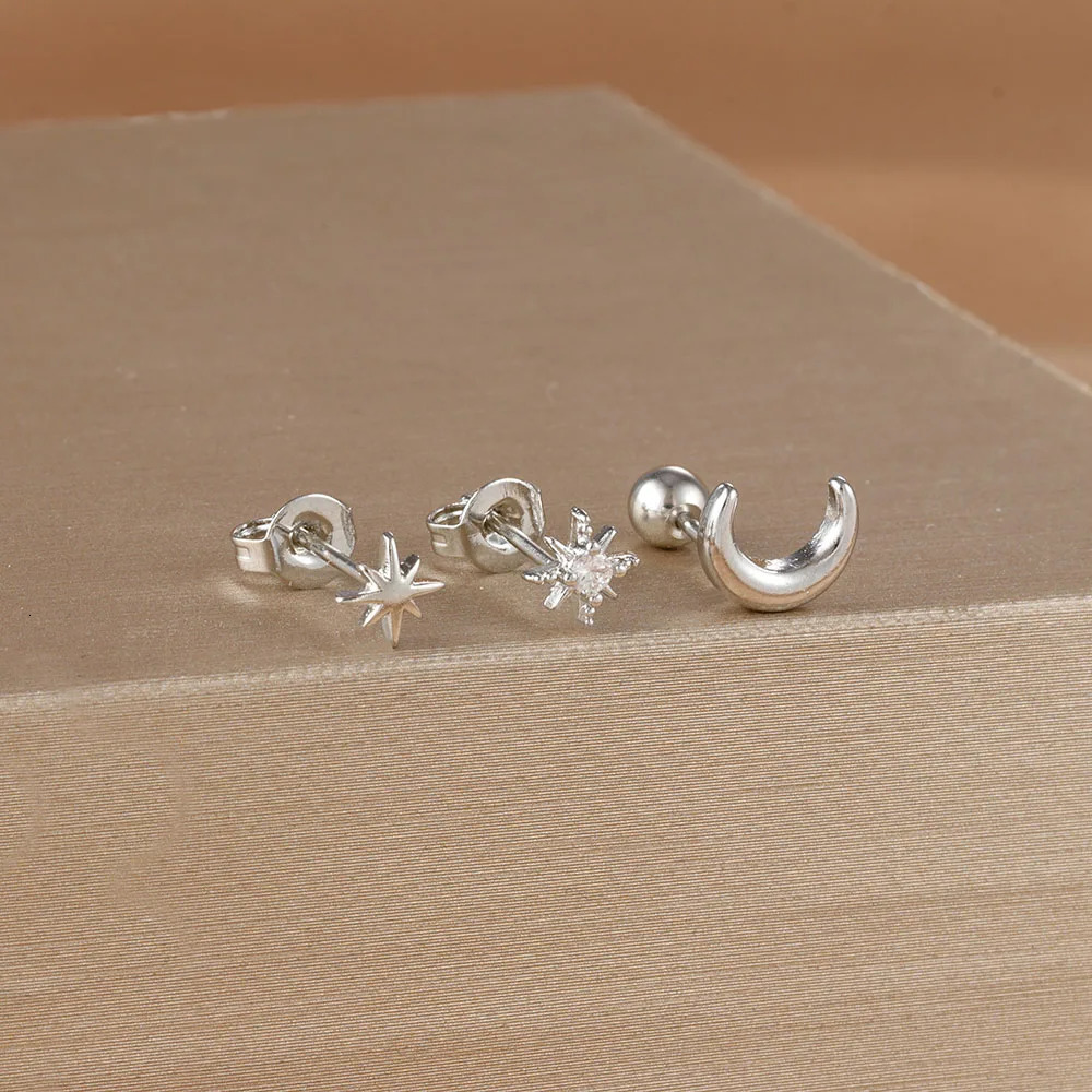 3Piece Stainless Steel Star Moon Ear Stud Earrings Set Women Daily Wear Cartilage Piercing Earring Punk Unisex Rock Jewelry 250512