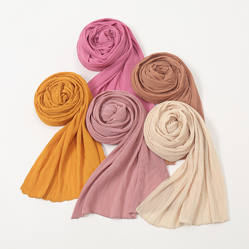 K700 New style fine wrinkled pearl chiffon long scarf ladies scarf pleated gauze scarf fashionable solid color silk scarf